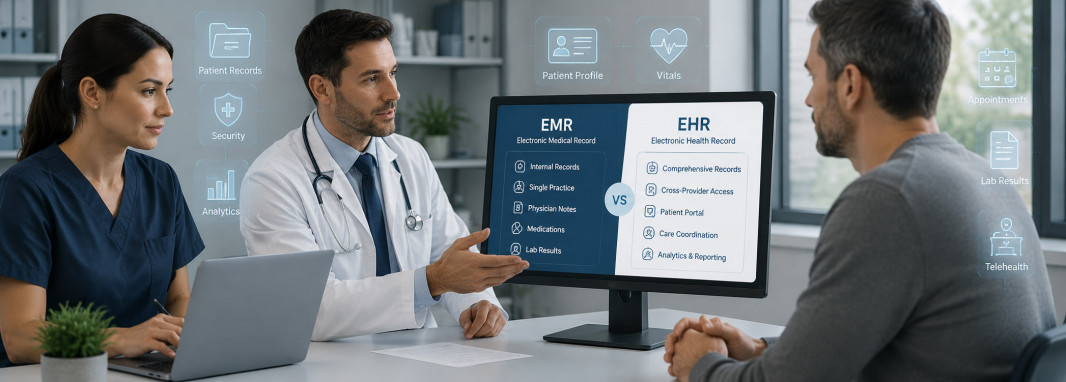 Healthcare team comparing EHR and EMR systems
