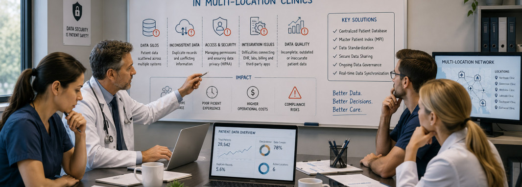 Healthcare staff managing unified patient data across multiple clinic locations through connected digital healthcare systems