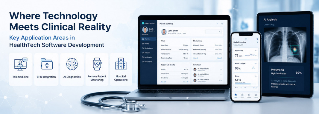 HealthTech software development applications across telemedicine, EHR integration, AI diagnostics, and hospital operations