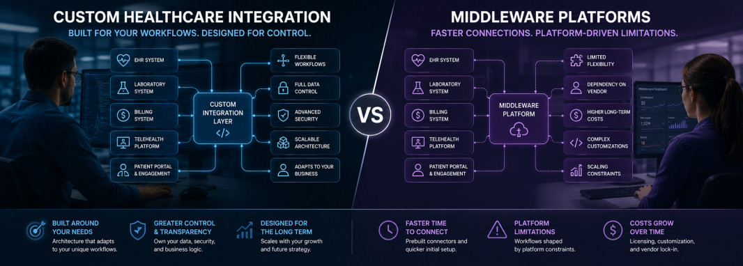 Comparison between custom healthcare integration architecture and middleware healthcare platforms