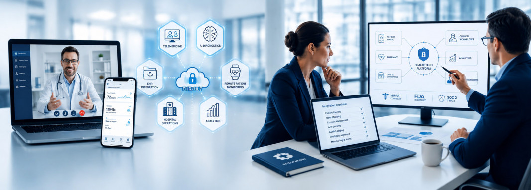 Healthcare interoperability dashboard connecting hospitals, EHR systems, labs, and digital health platforms