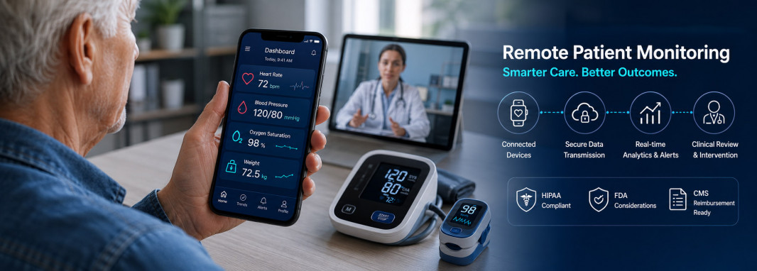 Modern RPM healthcare dashboard with connected devices and telehealth monitoring
