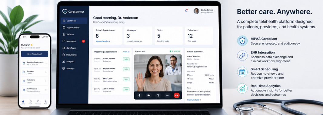 Healthcare telehealth platform with video consultation and patient engagement interface