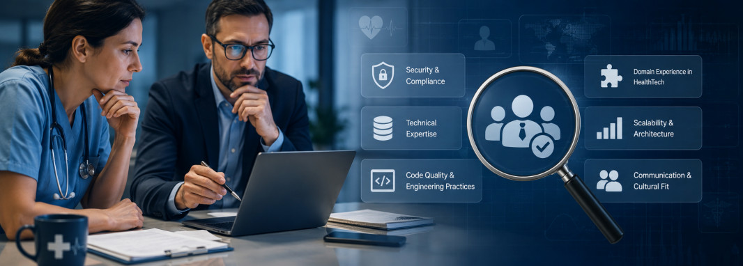 CTO reviewing a healthtech vendor evaluation framework on a laptop