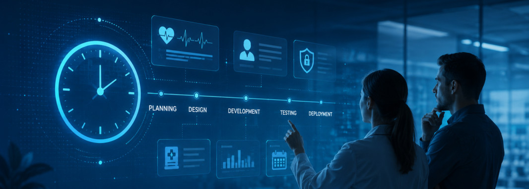 Healthcare professionals reviewing a healthcare software development roadmap on a digital interface
