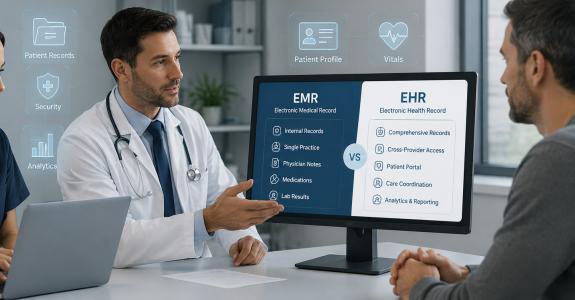 Healthcare team comparing EHR and EMR systems