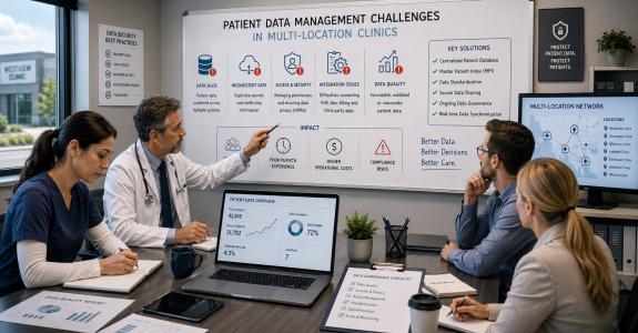 Healthcare staff managing unified patient data across multiple clinic locations through connected digital healthcare systems
