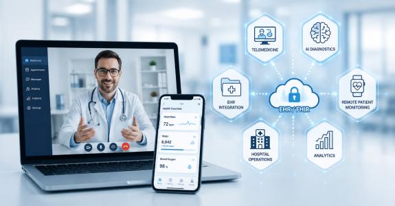 HealthTech software development applications across telemedicine, EHR integration, AI diagnostics, and hospital operations