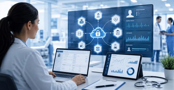 Healthcare interoperability dashboard connecting hospitals, EHR systems, labs, and digital health platforms